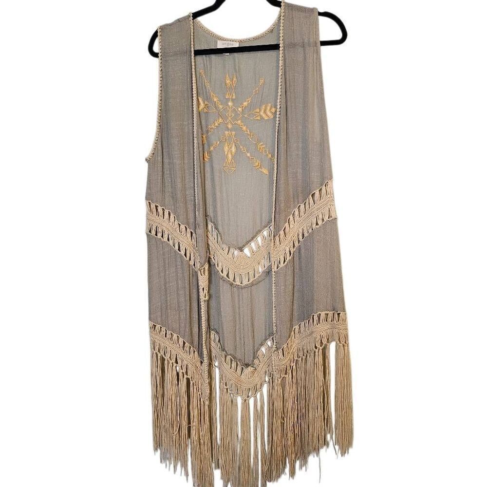 Umgee boho sleeveless cardigan,  sage/cream. Size M. #886
